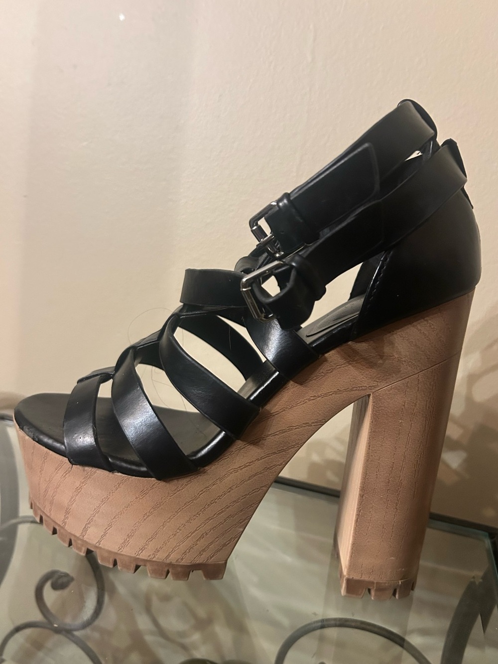 Forever 21 Black Strappy Platform Sandal with Wood-Look Block Heel